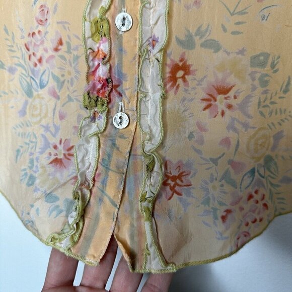 J Jill Ruffle Sheer Blouse Button Front Size S Floral Yellow Orange Cottagecore - Picture 6 of 14
